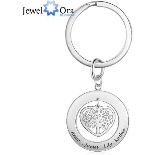 JewelOra Personalized Stainless Steel Tree of Life Engrave Name Key Chain Customize Family Names Keychains for Men Women Jewelry