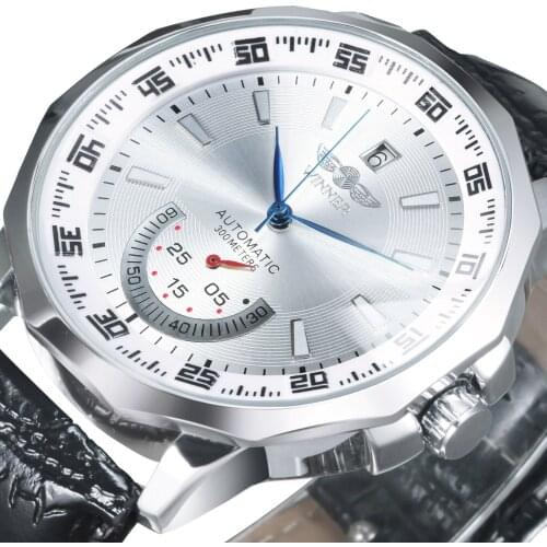 Fashion Business Mens Automatic Watches WINNER Brand Male Mechanical Wristwatches Leather Strap Calendar Date 7 Color +GIFT BOX