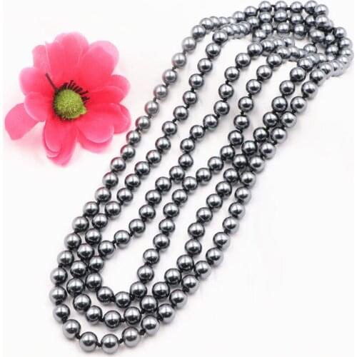 Long Chain Necklace Dark Gray Round Simulated Glass Pearl Beads Necklaces Faux Matte Pearls Shell Multilayer Necklaces 56" A944