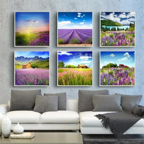 Home Decor Natural Lavender Flower Blue Sky Garden Canvas Painting Wall Art Pictures Posters and Prints Modern Room Decoration