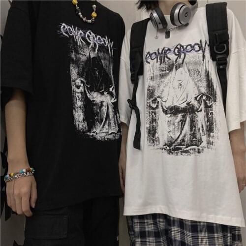 Cotton Cute Anime Print Vintage Streetwear Summer Oversize T Shirt Women Harajuku Short Sleeve Top Tee Hip Hop Black Y2K Clothes