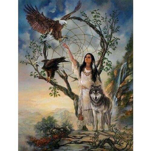 New Arrival Diamond Painting Full Round Indian beauty eagle wolf Diamond Mosaic Full Rhinestones Pictures home decor