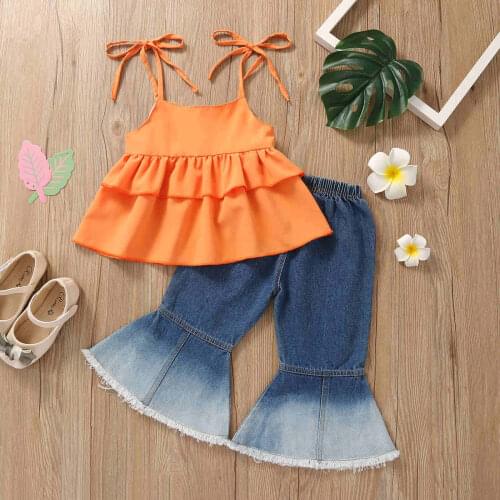2PCS Fashion Summer Girls Clothes Set Sleeveless Crew Neck Ruffle Hem Sling Tops+Gradient Color Flared Jeans Kids Children Suit