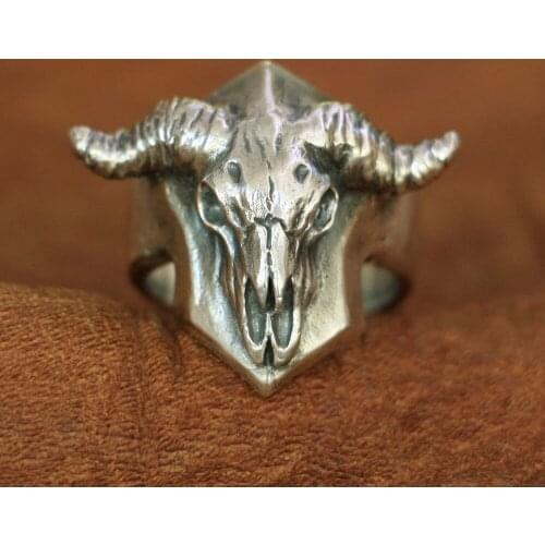 LINSION 925 Sterling Silver Buffalo Skull Bull Horn Ring Mens Biker Ring TA133 US Size 7~13