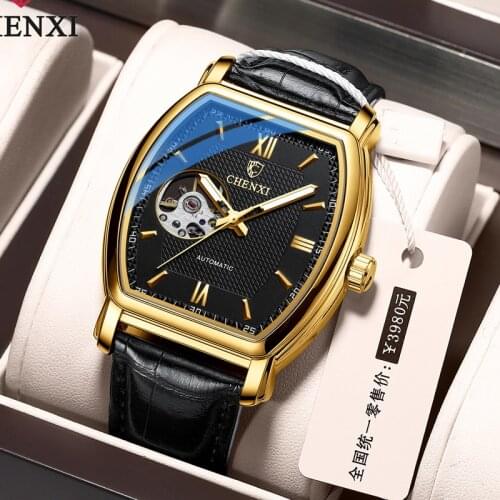 New CHENXI Mens Mechanical Watches Luxury Business Hollow Out Automatic Watch For Men Fashion Square Leather Golden Montre Homme