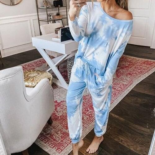 OMSJ 2020 2 Piece Set Gradual Change Tie Dye Print Light Blue Casual Long Sleeve T shirt+Pants Womens Two Piece Elegant Outfits