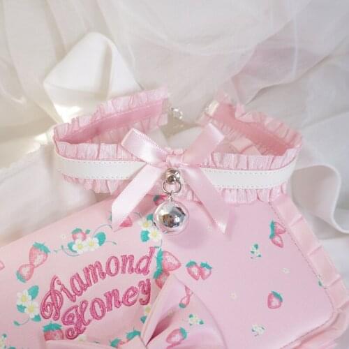 Handmade Japanese Style Soft Glutinous Lolita Pink PU Leather Lace Bell Collar Maid Soft Girl Lolita Necklace