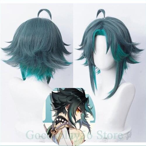 Genshin Impact Xiao Cosplay Wig Mixed Dark Green Gradient Blue Short Curly Heat Resistant Hair Adult Halloween Role Play