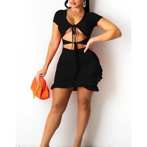 Women Sexy Hollow Out Dress Short Sleeve V-neck Ruffled Hem Slim Mini Pencil Dress Summer Elegant Clothes Female Ladies Fashion