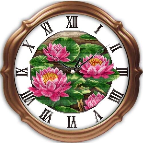 Pink red lotus cross stitch kit 14ct 11ct count print canvas wall clock stitches embroidery DIY handmade needlework plus