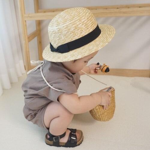 Cute Fashion Children Baby Boy Girl Straw Plaited Hat Round Top Beach Holiday Outdoor Summer Sun Block Hat Cap for Kids Sunhats