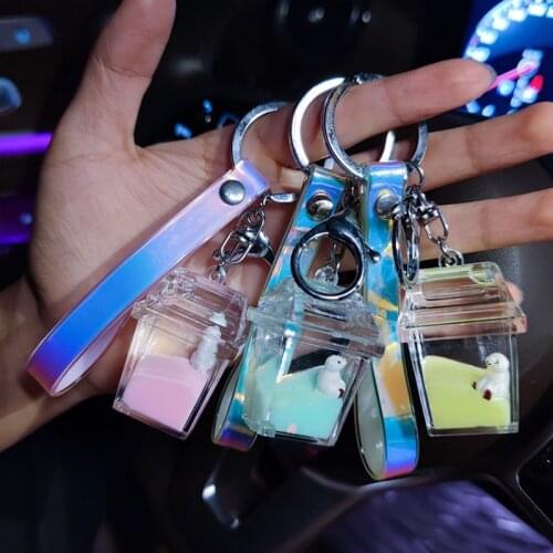 Cute Acrylic Box Keyring Cartoon Polar Bear Doll Floating Liquid Milk Drifting Keychain for Women Couple Bag Car Key Pendant