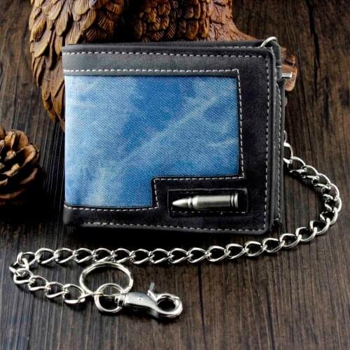 Student Young Man Blue Cavans Casual Wallet Coins Purse w/ Anti Thief Chain gift