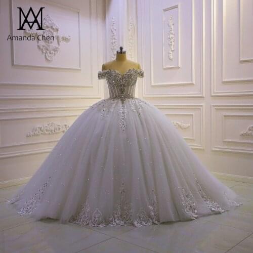 Bridal dress Off Shoulder Lace Applique Crystal Sheer Wedding Dress