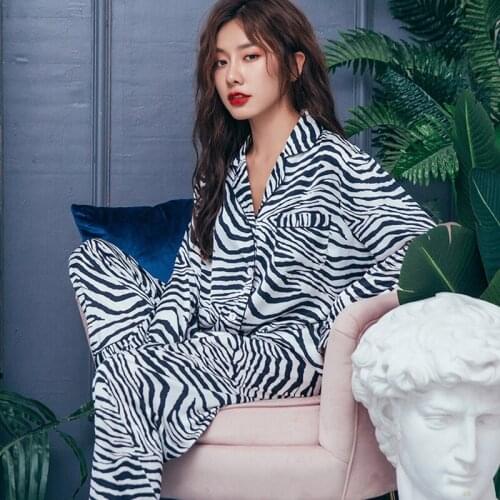 2020 Spring Autumn Women Pajama Sets Zebra Print Women Satin Sleepwear Long Sleeve Pijama 2 Pieces Casual Silk Pyjama Fashion