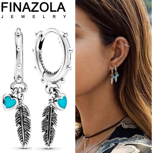 LEXARA Bohemia Vintage Silver Color Feather Drop Earrings Heart Shaped Romantic Love Enamel Charm Women Jewelry Gifts Dropship