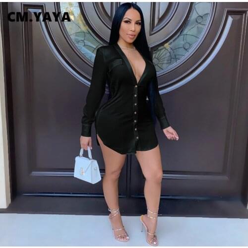 CM.YAYA Women Mini Dress Solid Full Sleeve V-neck Single Breasted Stretchy Skinny Bodycon Dresses Fashion Sexy Vestidos Autumn