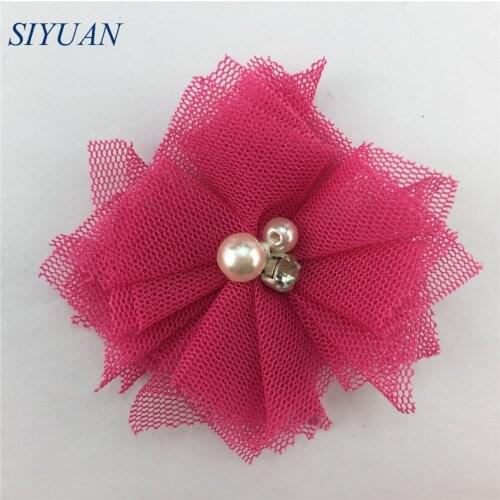 10pcs/lot 5cm Mesh Tulle Chiffon Flower Rhinestone Cendered Flower with Hairpin Kids Hair Accessories Wedding Decor F27