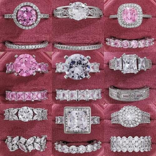 Luxury solid 925 Sterling Silver wedding Rings set for bridal 2pcs Women Engagement anniversary gift wholesale jewelry R4869