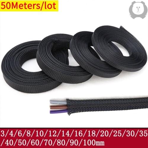 50M Black PET Braided Sleeving Diameter 1~100mm Insulated Cable Data line protection Wire Cable Flame-retardant nylon tube