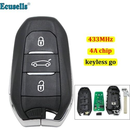 Keyless-Go 3 Buttons Smart Remote Key Fob 433MHz 4A Chip for Peugeot 208 308 508 3008 5008 with Emergency Key HU83
