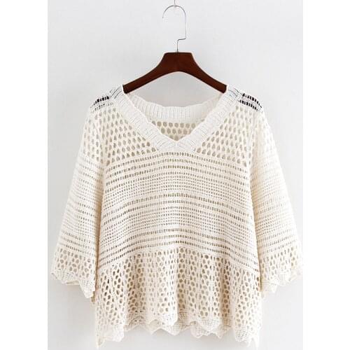 Blouse womens summer wear thin knitted hollow top with suspenders skirt air-conditioning shirt loose pullover small shawl