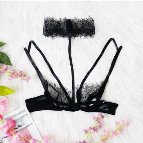 Black Sexy Lace Bra Perspective Hollow Out Lingerie Super Temptation Halter Bras With Hasp