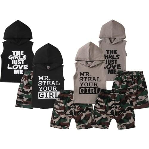 FOCUSNORM 1-6Y Summer Kids Boys Clothes Sets 2pcs Letter Sleeveless Hooded Tops Camouflage Pants 4 Style