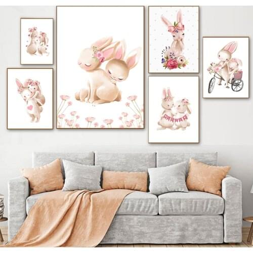 Pink Flowers Cartoon Picture Girl Baby Room Decor Bunny Poster Paintings Animals Nursery Wall Art Print Rabbit Canvas Painting