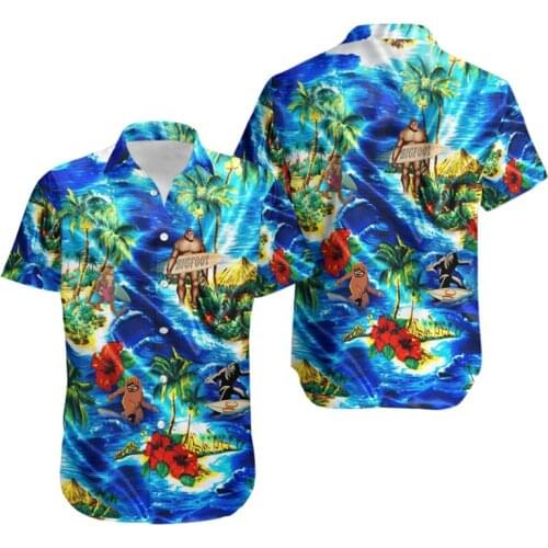 Fashion Mens Hawaiian Shirt Hawaiian Bigfoot 3D Printed Hawaiian Shirt Unisex Harajuku Casual Summer Short Sleeve Top