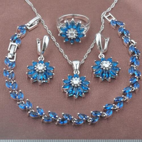 Fashion Flower Blue Zirconia Silver Color Womens Jewelry Sets Bracelet Necklace Pendant Earrings Ring YZ0434