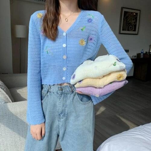2021 New V-neck Knitted Cardigans Women Sweet Flower Embroidery Long-sleeved Thin Crop Top Woman Summer Hollow Out Sweater
