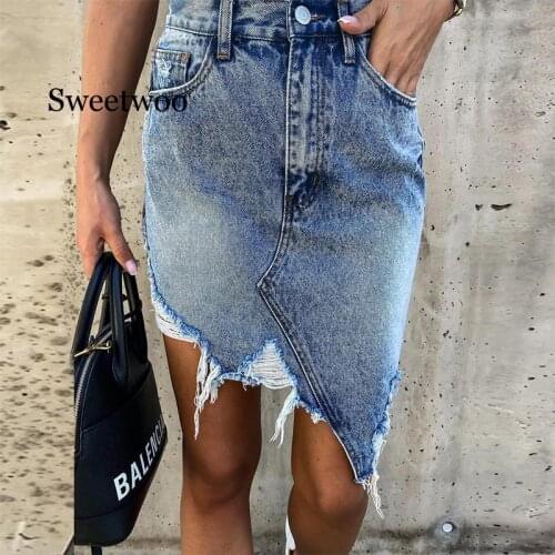 New Arrive 2020 Womens Summer Casual Irregular Denim Skirt Female Asymmetrical Hole Tassel Jeans Skirt Girls Street Wear Skirts