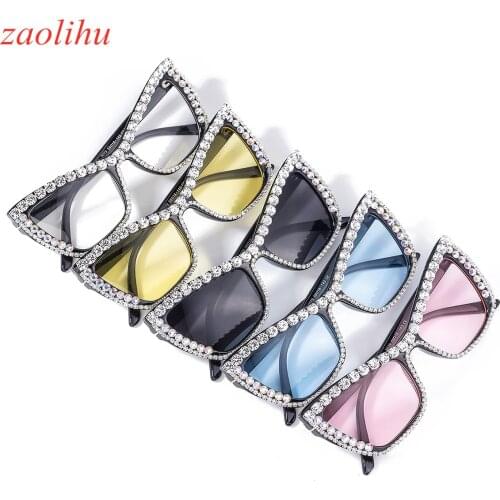 Oversize Cat Eye Sunglasses Women Square Shades Mirror Clear Eyewear UV400 Rhinestine Luxury Brand Designer Retro Sunglasses
