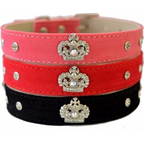 Rhinestone Soft Suede Leather Dog Collar Bling Crown Studded Puppy Cat Collar Necklace Adjustable Small Pet Supplies