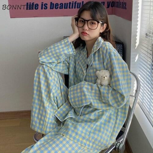 Pajama Sets Womens Spring Autumn Korean Style Plaid Long Sleeve Soft Casual Sleepwear Female Loose Nightwear Cute New Fashion