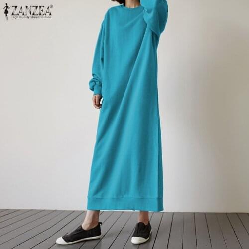 Winter Sweatshirt Dress ZANZEA Women Autumn Long Sleeve Split Sundress Casual Solid Kaftan Long Pullover Vestido Robe Plus Size