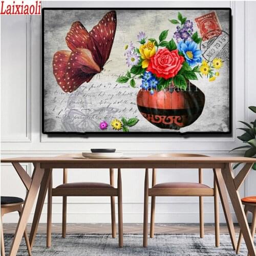 Full square round diamond painting Vintage stamp, vase diamond embroidery butterfly 5D rhinestone mosaic diamond inlaid pattern