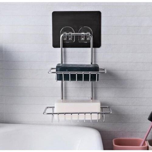 Punch-Free Silver Drain Double-Layer Sucker Soap Holder Creative Wall-Mounted Soap Holder Bathroom Shelf