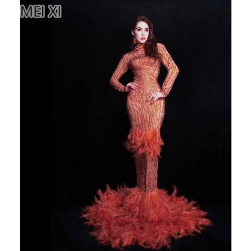 Shining noble flame red feather full diamond dress birthday celebration party banquet evening dress concert ball singer costume