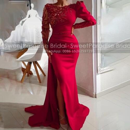2021 Red Mermaid Evening Dresses With Long Sleeves Luxury Beads Crystal Side Split Celebrity Dress Party Gown
