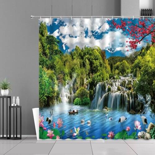 Green Forest Waterfall Landscape Shower Curtains Swan Bird Pink Flower Waterproof Bathroom Curtain Screen Home Decor Wall Cloth