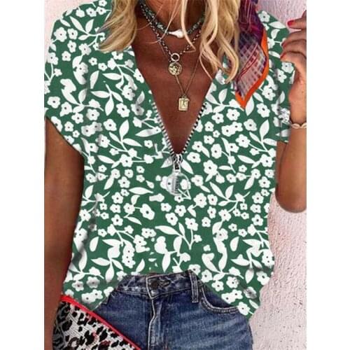 2021 Women Short Sleeve Zipper Shirts Summer Loose V Neck Floral Print Classic Tshirt Casual Ladies Tops