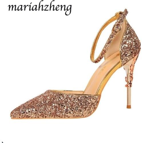 Meriahzheng 9.5CM Summer New Fashion Sexy Hollow High-heeled Shoes with Metal Sequins Shine with The Word Party Women Sandals DS