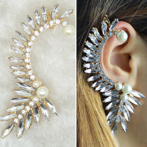 Womens Fashion Leave Faux Pearl Rhinestone Ear Cuff Earrings Studs Earrings