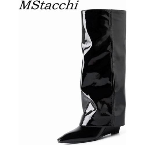 MStacchi Cow Leather Woman Knee Boots Pointed Toe Zipper Wedges Sexy Botas Mujer Spring Autumn Internal Increase Female Shoes