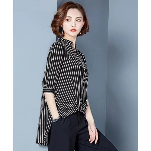 Womens Spring Summer Style Chiffon Blouses Shirt Womens V-neck Half Sleeve Striped Loose Korean Casual Tops SP024