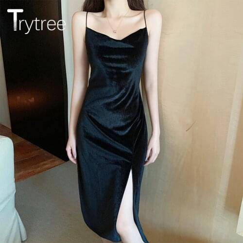 Trytree 2021 Spring Summer Womens Dress Casual Corduroy Square Collar Mid-Calf Side Split Hem Sexy Black Strap Dress All-match