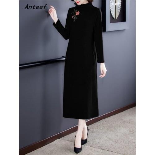 Anteef long sleeve cotton vintage floral dresses for women casual loose spring autumn winter knitted dress elegant clothes 2021