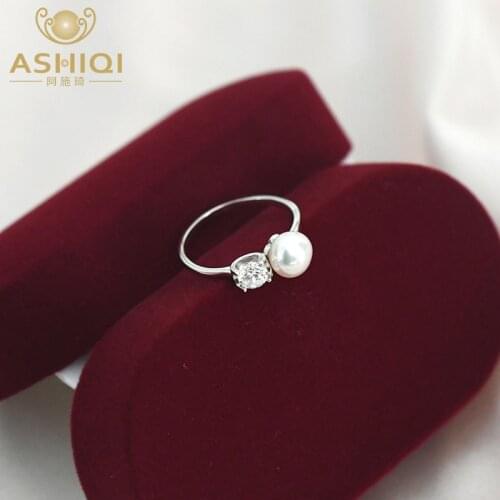 ASHIQI Natural Freshwater Pearl 925 Sterling Silver Glitter Diamond Ring Wedding Jewelry Gifts for Women